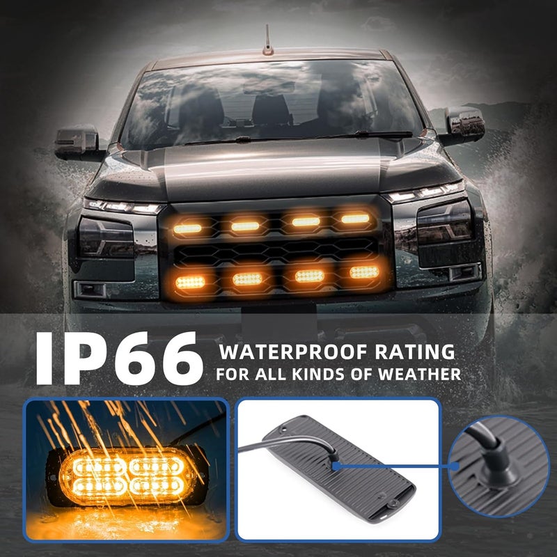 PKINGLAKE 8pcs Sync Feature Emergency Strobe Grille Lights LED Ultra Slim Surface Mount Flashing Hazard Warning Light Bar with Controller for Firefighter/Construction/Trucks/Vehicles/Car (Amber) - Image 2